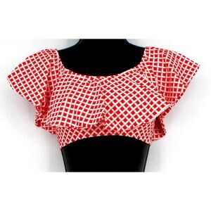 Swimsuit Red & White Print Ruffle Bikini Bandeau Top Only Size X-Small